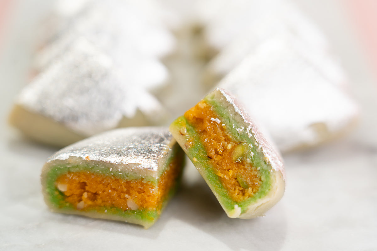 Close-up of fresh Kaju Diamond mithai, an authentic pure vegetarian dessert made with premium Cashews and zero preservatives.