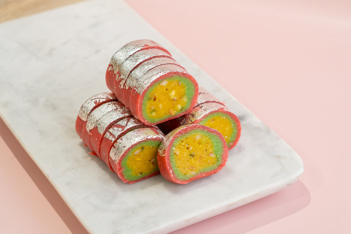 Colorful Kaju Casatta Indian sweets, handcrafted by Pavitre for festive celebrations.